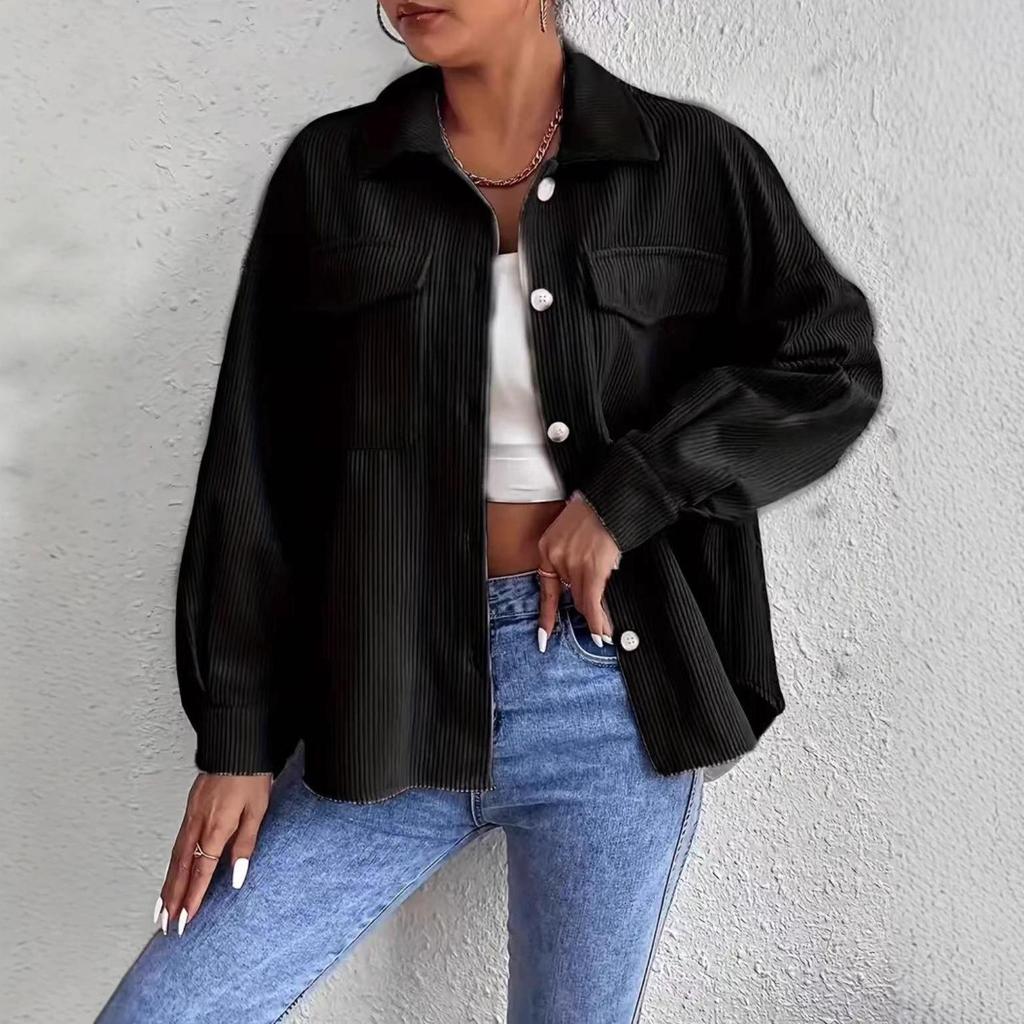 European-American Women's Corduroy Long Sleeve Solid Color Shirt Jacket 2025