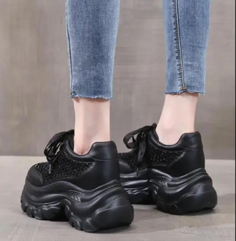 Fashion High Quality 9CM Air Mesh Microfiber Leather Summer Bling Bling Fashion Ankle Boots Hollow Chunky Sneaker Vulcanize Women Shoes