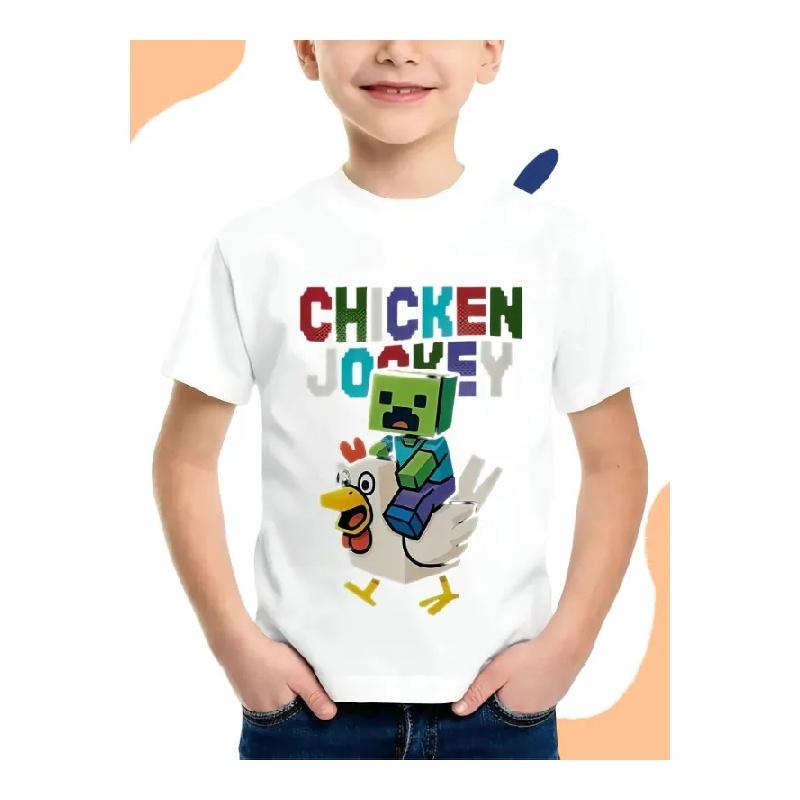 Boy Cartoon Chicken Jockey Pattern T-shirt Breathable and Comfortable Short Sleeved Round Neck T-shirt Casual Summer T-shirt S чёрный