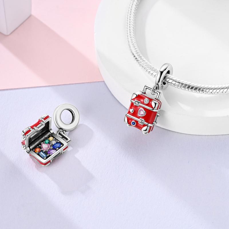 Red Luggage Travel Pendants Copper Original Beads Fit Original Charms Bracelet Jewelry Diy Fine Gifts For Women