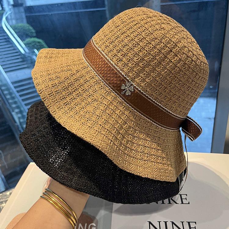 

Knitted hollow fisherman s hat children spring and autumn travel show face small bow basin hat casual versatile bucket hat 56-58Cm (adjustable inside) чорний