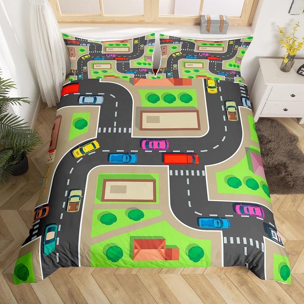 Racing Car Track Duvet Cover Queen for Kids Boys,Construction Vehicle Grey Bedding Set Red Cars Road Traffic Quilt Cover 3 Pcs