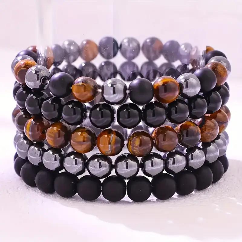 1 Set Vintage Men's Multi Bracelet Set Round Natural Stone  Colorful  Agate Crystal  Women Perfect for Boho Party