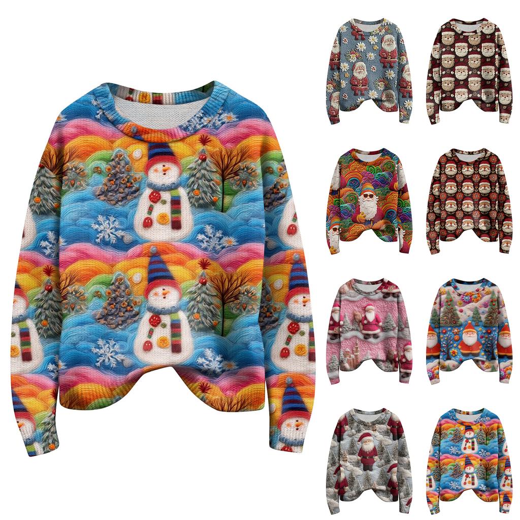 Long Sleeve Pullover Sweaters For Women O Neck Casual Cute Printing Knit Oversized Sweater