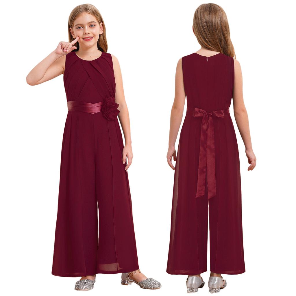 Completo per Feste e Celebrazioni per Bambine: Tuta in Chiffon con Volant e Fiore Amovibile, Vita Alta con Cintura per Eventi