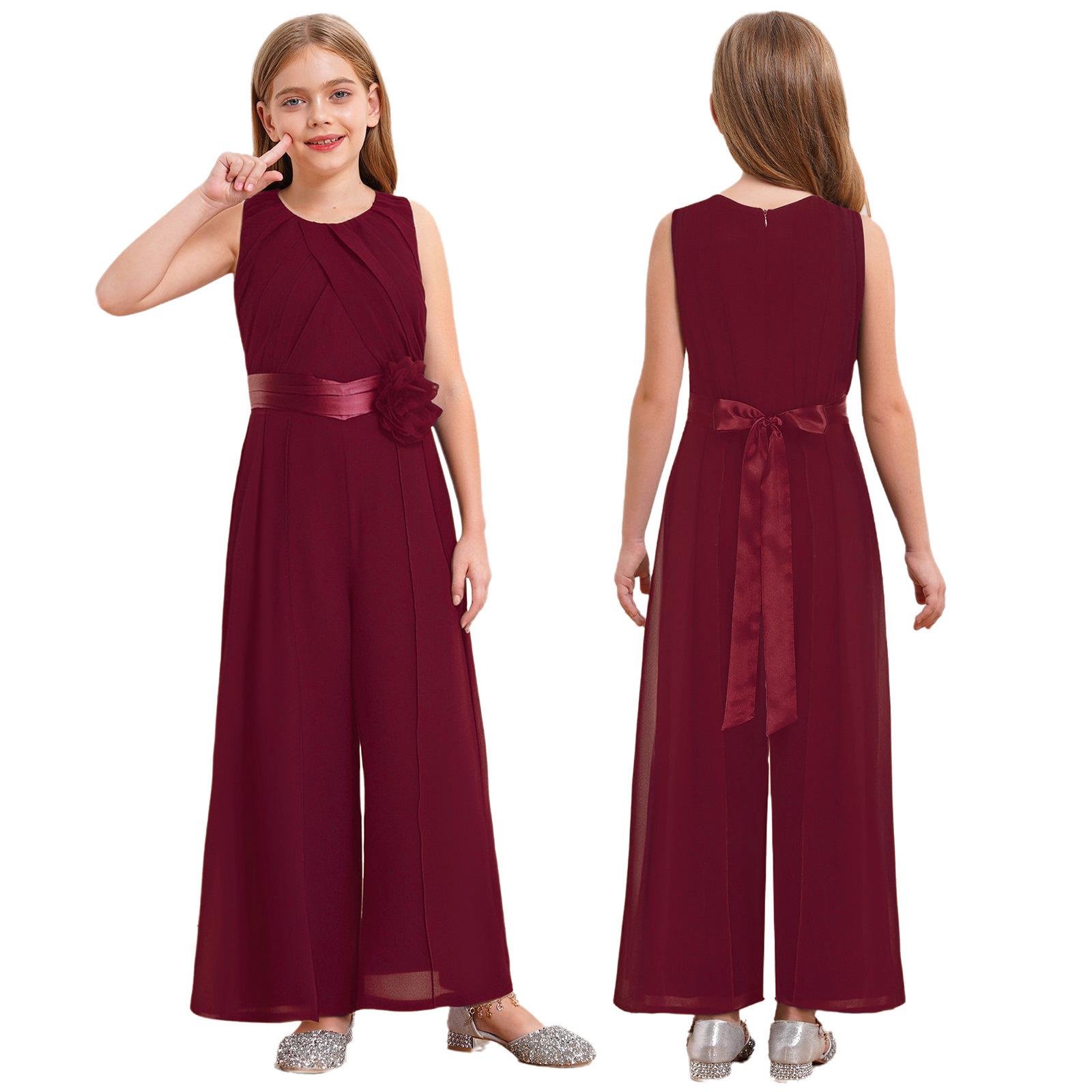 

Дитячий Жіночий Святковий Комбінезон Однотонний З Круглим Коміром Без Рукавів З Високою Талією З Воланами З Шифону Знімний Прикрашений Квіткою Комбінезон З Ремінцем Для Весілля 13-14 Years бордовий