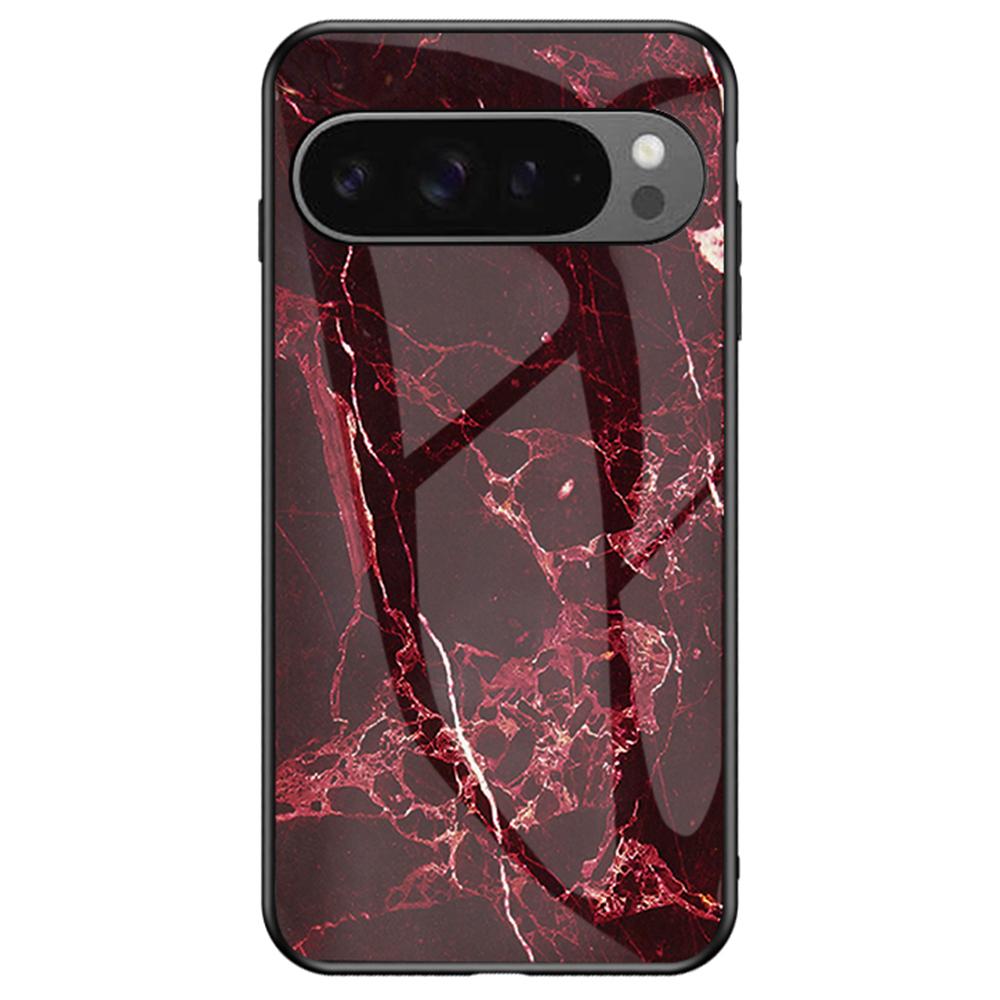 

For Google Pixel 9 Pro XL Case Marble Pattern Tempered Glass+PC+TPU Protective Phone Cover Blood Red Marble