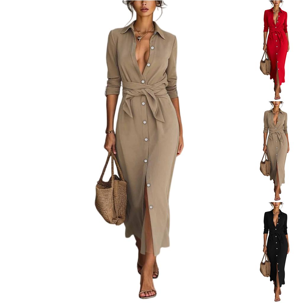 Women's Long-sleeved Elegant Casual Tie-waist Button-down Shirt Dress
