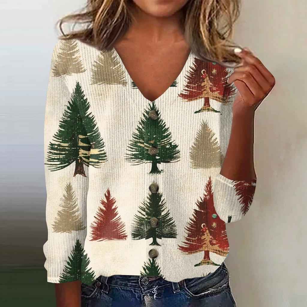 Women's Fashion Print Long Sleeve Knitted Cardigan Button Up Jacket
