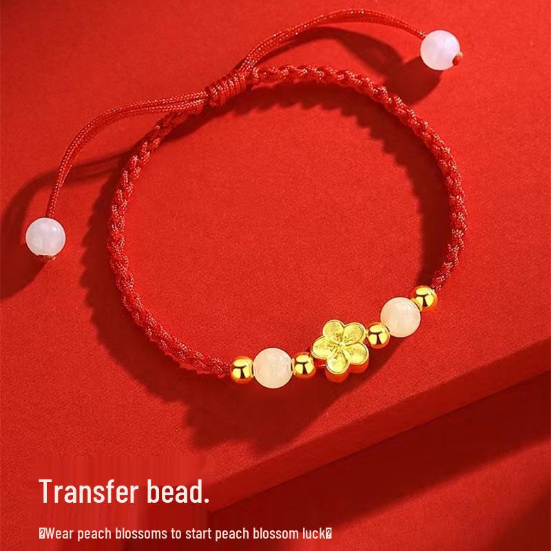 Gold Sand Peach Blossom Bead Bracelet – Handmade Red Rope for Couples, Perfect Qixi Gift