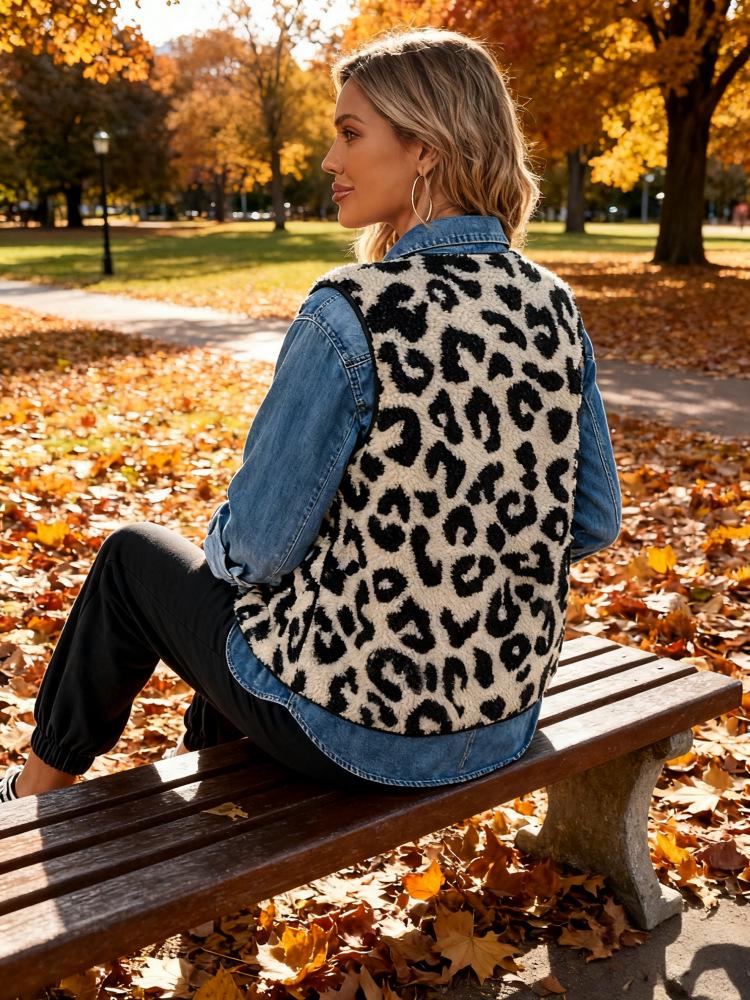 2025 Women's Leopard Print Button-Front Plush Vest - European/American Autumn/Winter Fashion