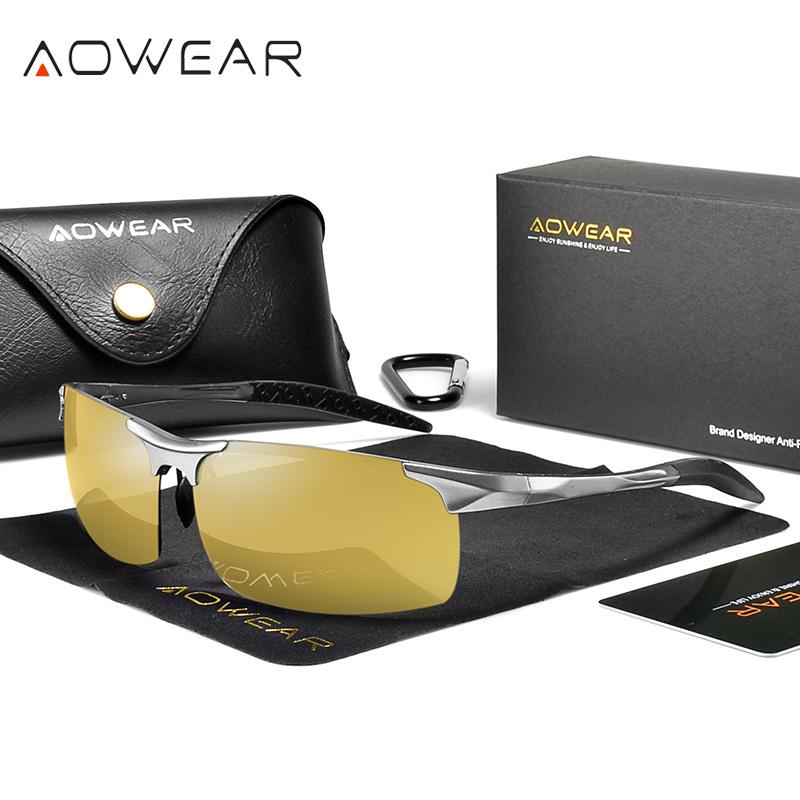 AOWEAR Erkek Polarize Gece Görüş Gözlükleri Gece Sürüşü İçin Çerçevesiz Alüminyum Sarı Güneş Gözlüğü Gece Sürücüsü Parlama Önleyici Gözlük