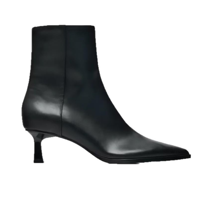Black Soft Leather Ankle Boots Women Sexy Pointy Toe Side Zipper Kitten Heel Designer Boots Comfortable Commuter Office Shoes
