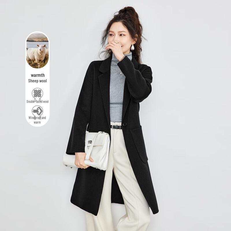 

TERRE BLEUE Women s 100% Lamb Wool Blazer Collar Mid-length Coat M