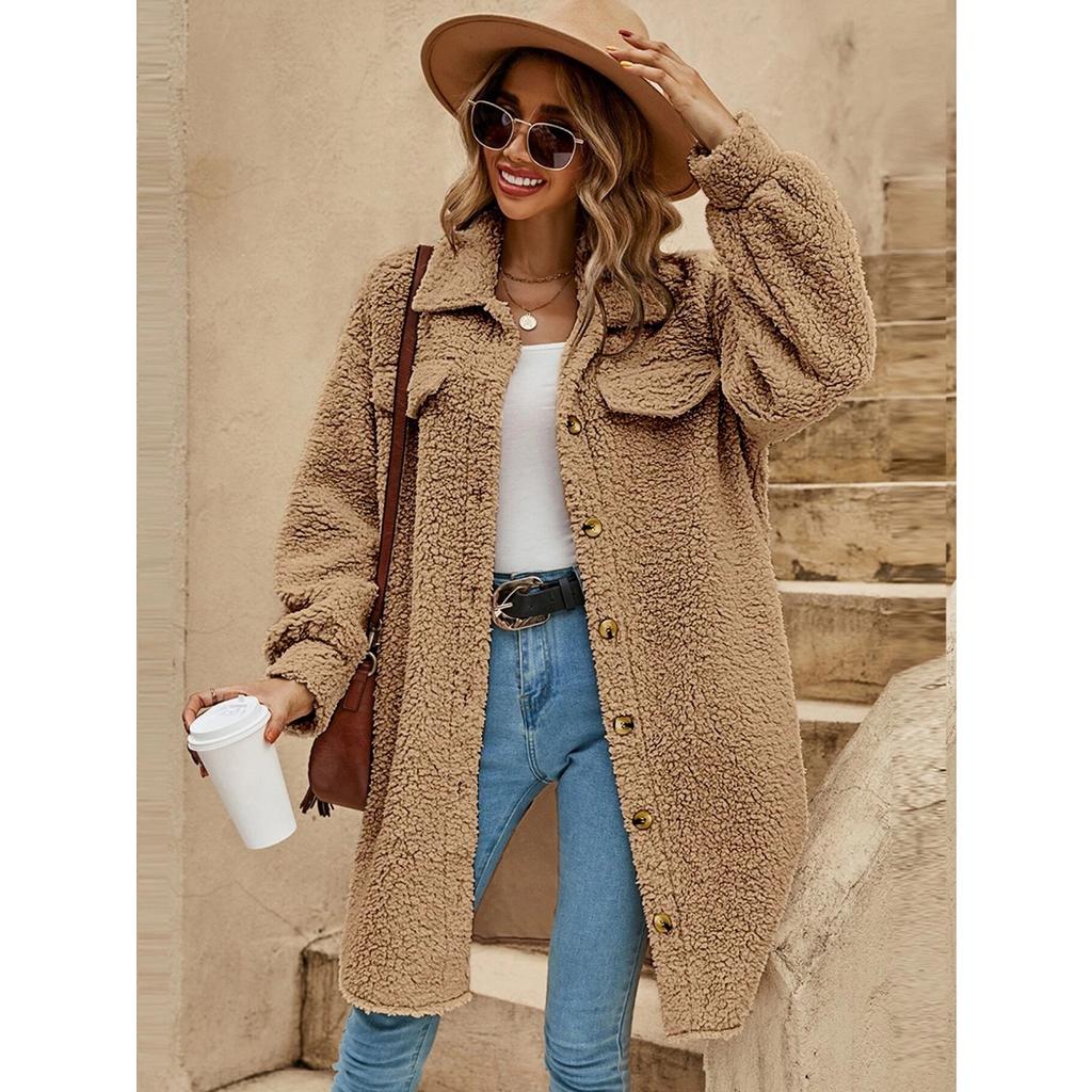 Women's Winter Long Loose Plush Coat, Turn-down Collar Buttoned Open Front Oversized Warm Overcoat for Women, European & American Style
