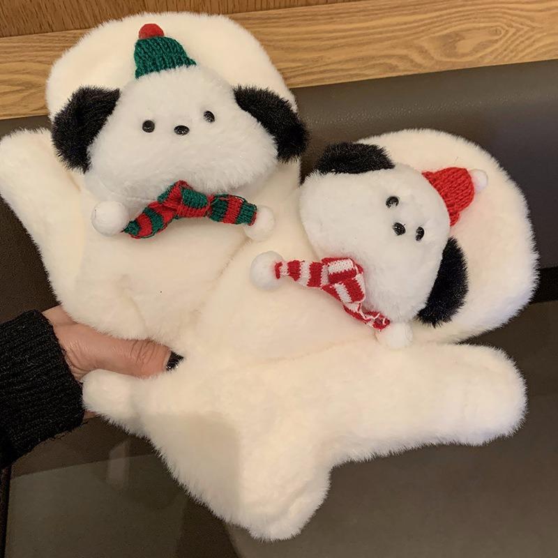 Cute Cartoon Christmas Puppy Plush Gloves Female Winter Plush Thickened Warm Neck Hairy Gloves
