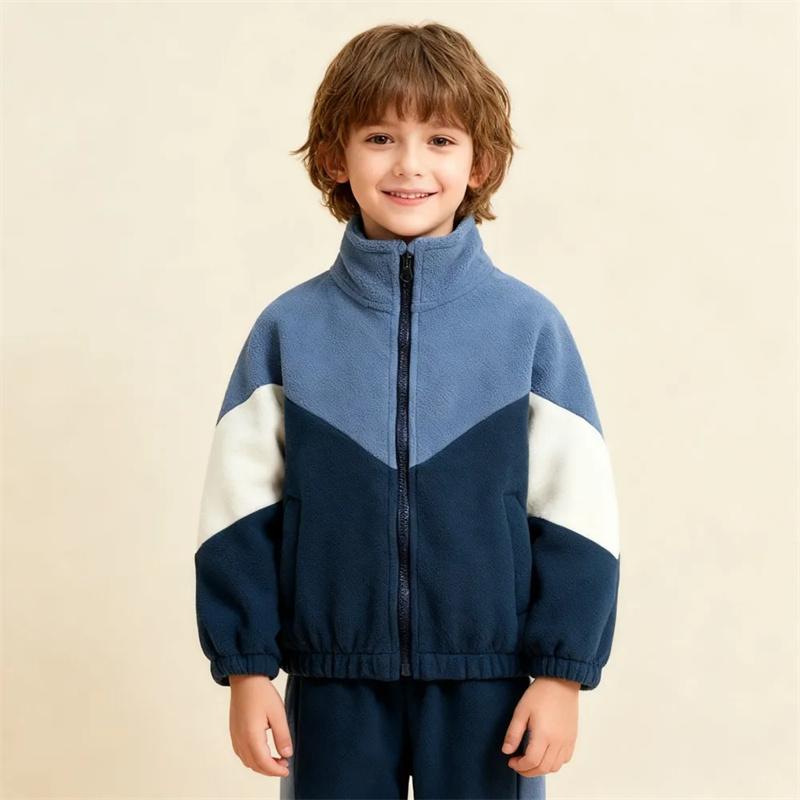 Autumn Winter Children's Coats New Contrasting Color Stand Up Collar Zipper With Pockets Fleece Casual Loose Jackets