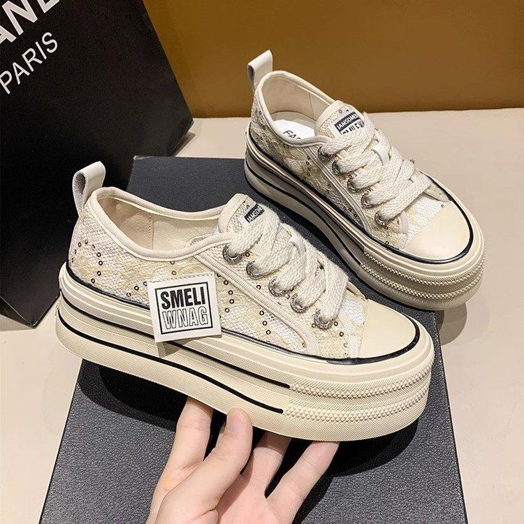Women's Canvas Shoes  Summer New Mesh Breathable Increased Women's Shoes Ins Trendy Women's Casual Sports White Shoes