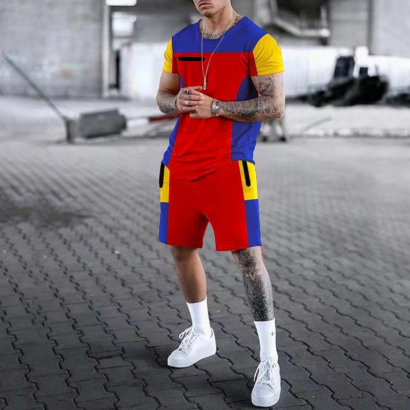 Men's Graphic Color Block 2pcs TeesShorts and T Shirt Set T-Shirt Outfits Short Sleeve Crew Neck Designer