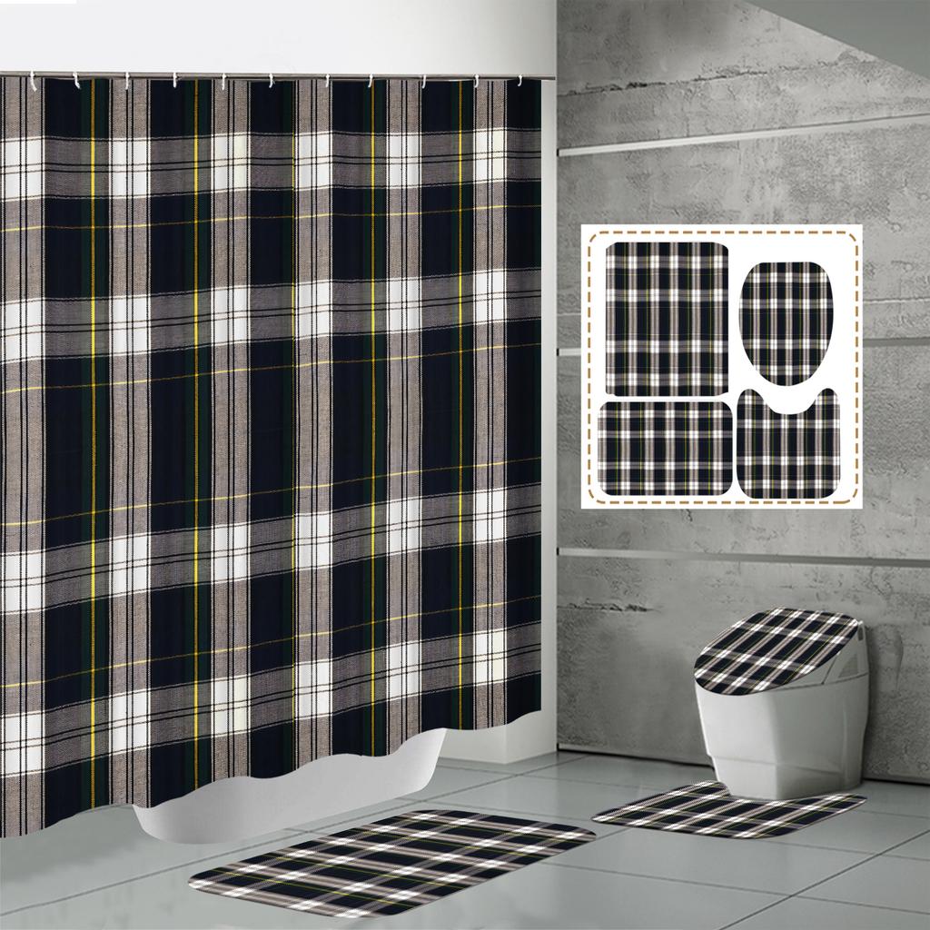 4PCS  Shower Curtain Sets With Shower Curtain And Rugs Toilet Lid Rug U Shape Mat And Bath Mat Bathroom Set  With 12 Hooks