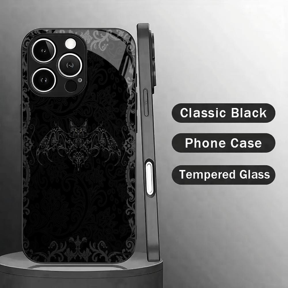 Gothic Bat & Ornate Pattern Mobile Phones Glass Phone Case for Iphone 17 Pro Max Cover for iPhone 17 16 15 14 13 12 Pm Pro Plus