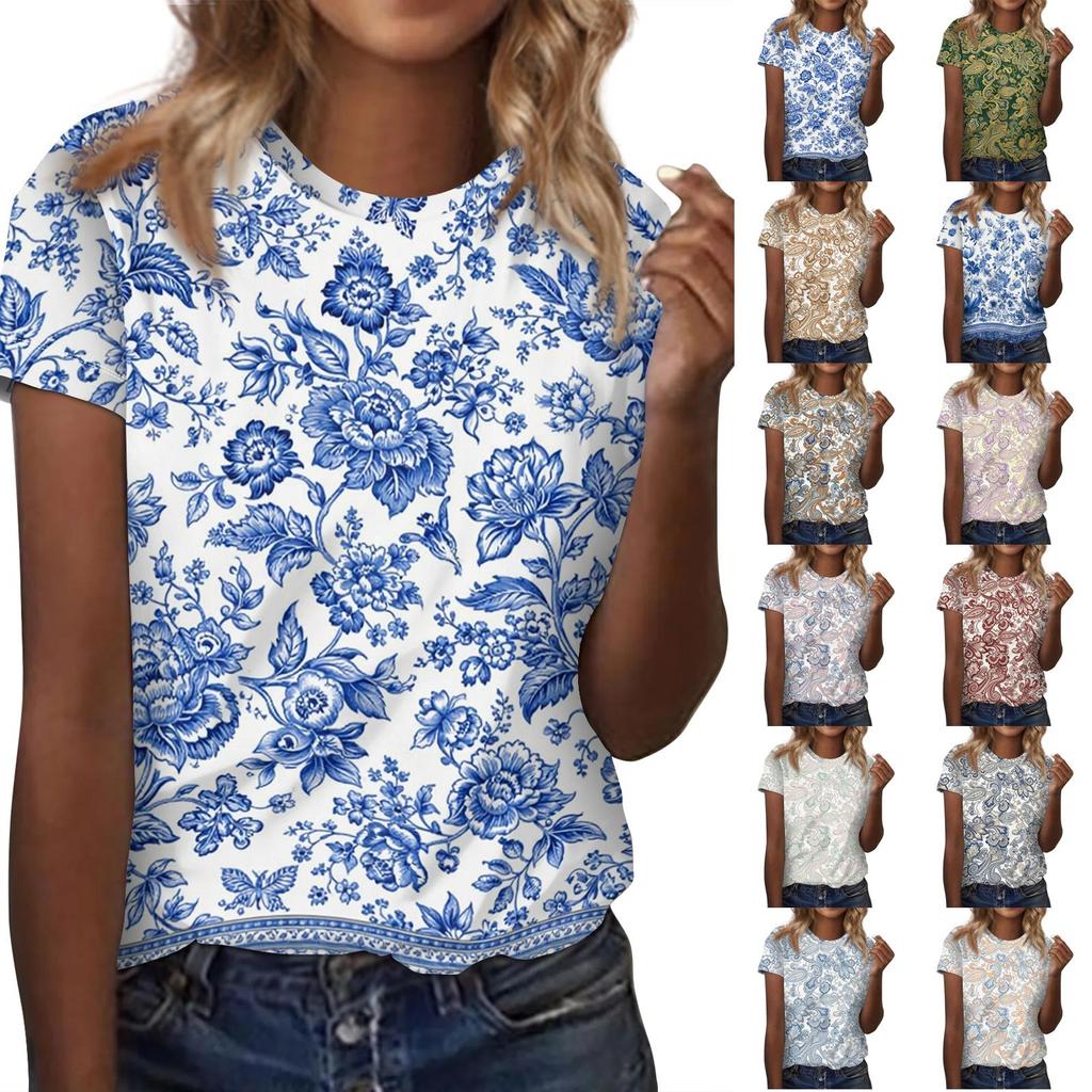Women's Casual Loose Fit Short Sleeve Top Floral Paisley Print Lightweight Summer Blouse Comfortable Daily Wear