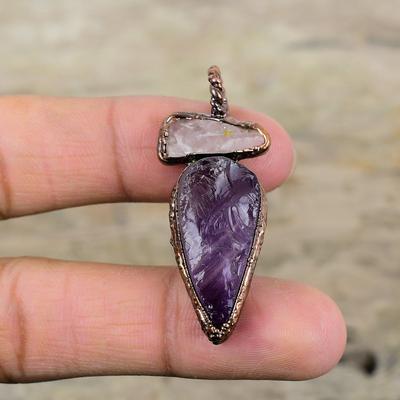 Ciondolo grezzo in ametista africana, ciondolo grezzo in quarzo rosa, ciondolo in rame elettroformato, gioielli con pietre preziose elettroformate, regalo di fidanzamento per lei