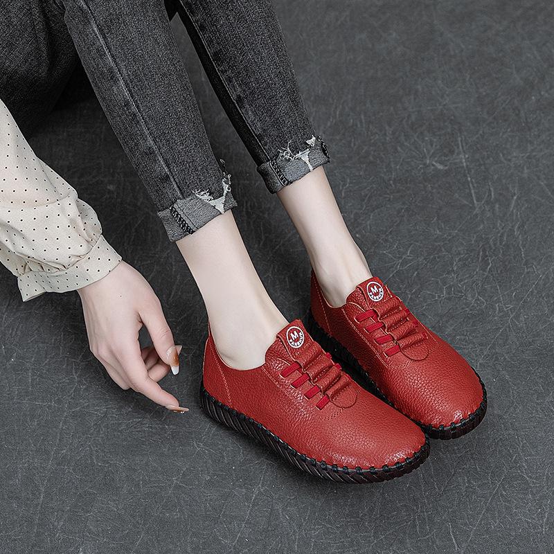 Top layer cowhide sewn bag shoes, soft soled soft top casual shoes for women, easy to wear on one foot, retro mom single shoes