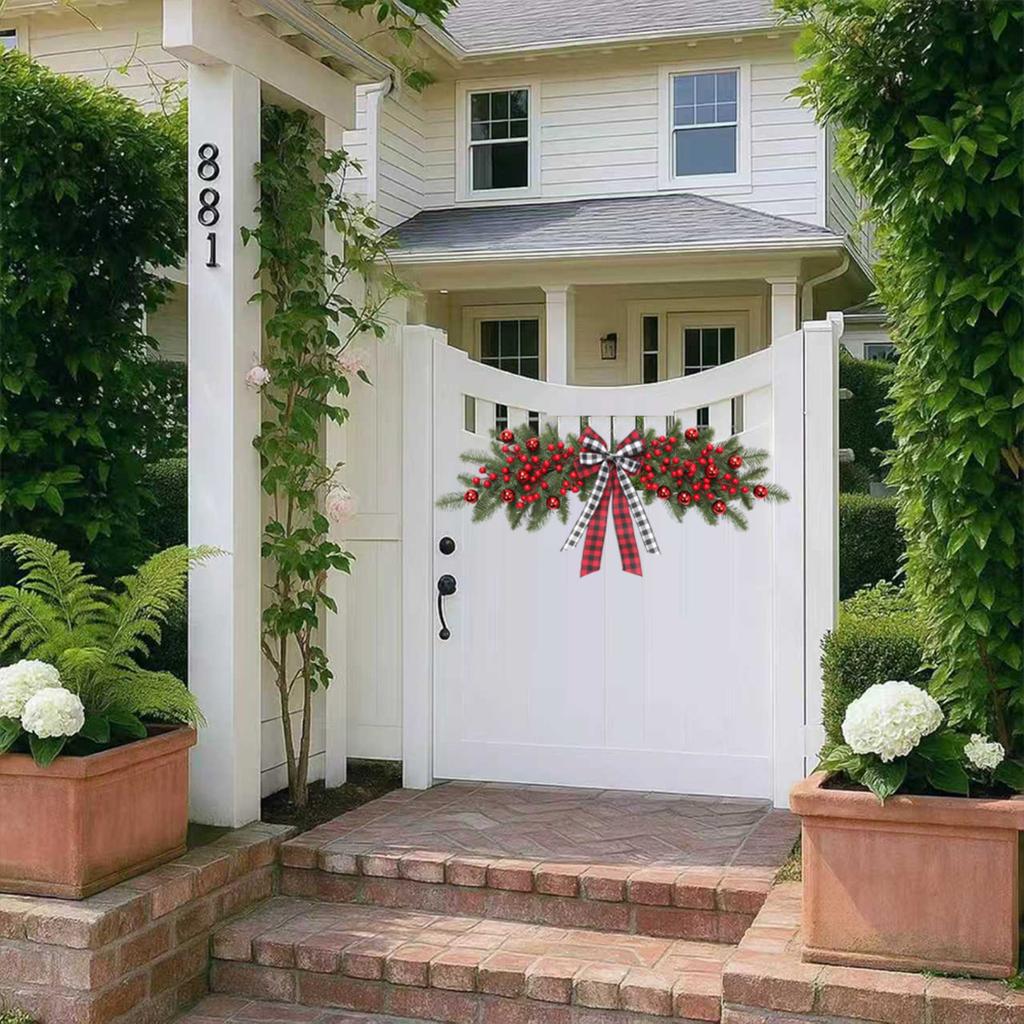 Christmas Door Swag Red Berry Plaid Bow PE Design Festive Holiday LED Light Optional Christmas Door Wall Hanging Decoration