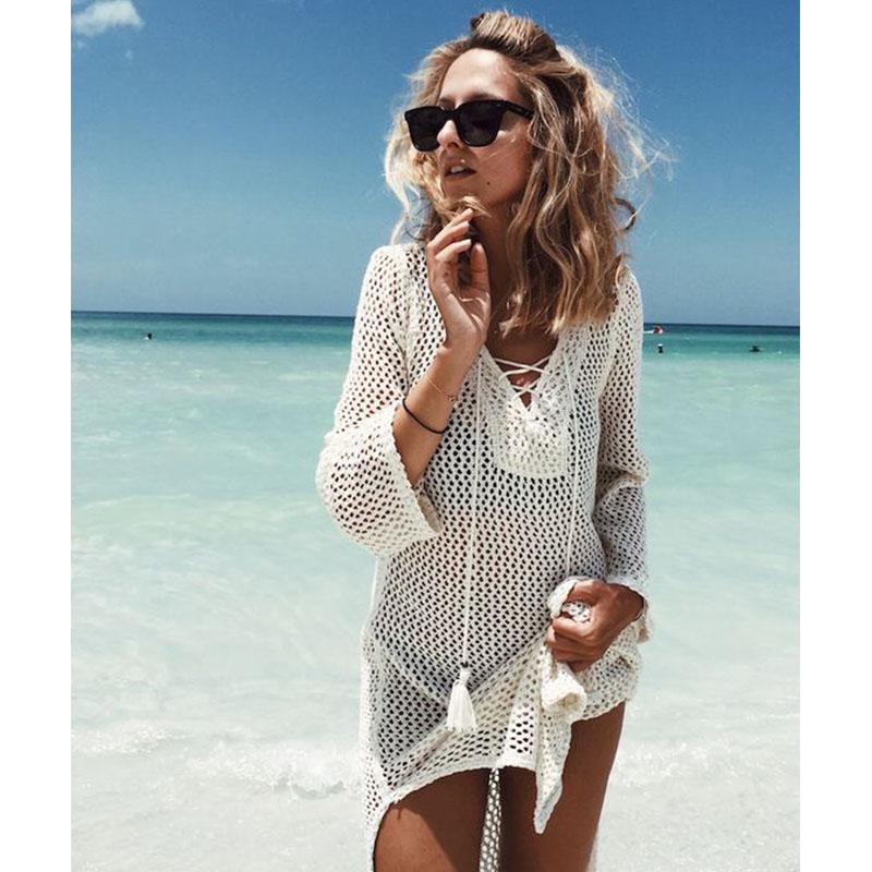 2025 New Beach Cover Up Bikini Crochet Knitted Tassel Tie Beachwear Summer Swimsuit Cover Up Sexy See-through Beach Dress
