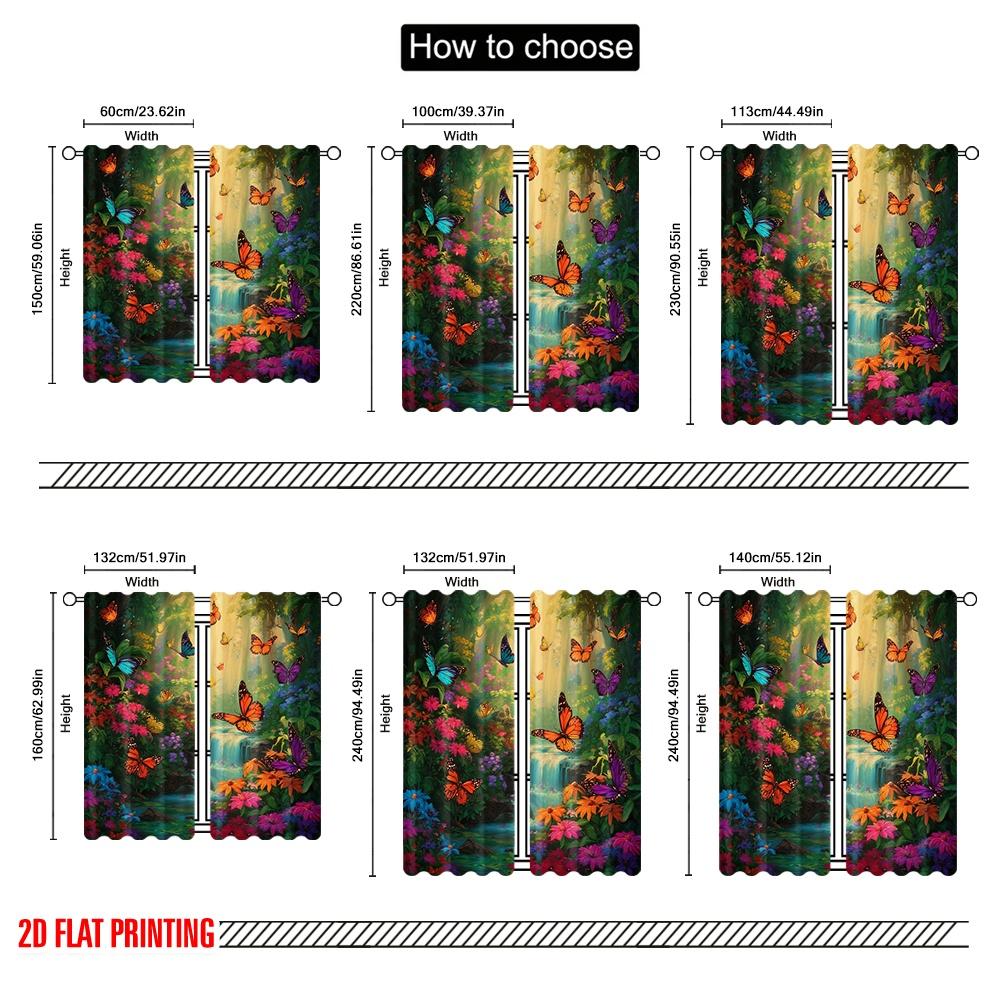 2pcs,2D Plane Printing Curtain Popular Butterfly Paradise Polyester Woven (without Rod) Outdoor Decorations Use for Bedroom