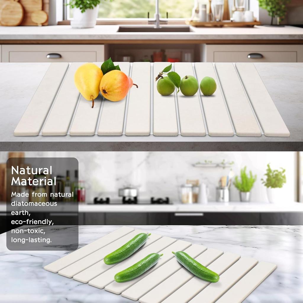 Large Stone Dish Drying Mat for Kitchen Counter, 24"(L)×16"(W) Fast Dry Super Absorbent Collapsible Dish Drying Mats, Eco-Friendly Diatomaceous