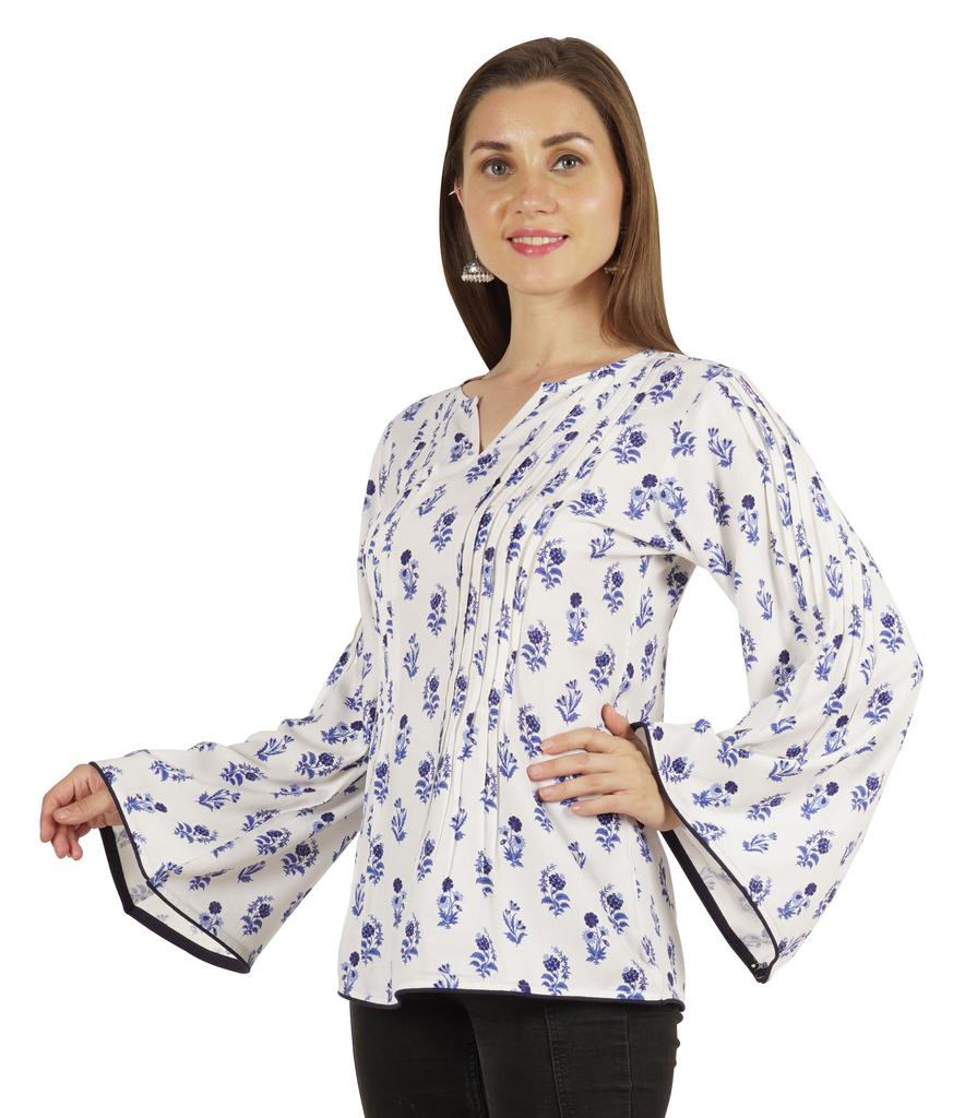Moomaya Printed Top Full Sleeve Pleated Rayon Kurta Short Tunic Summer Blouse For