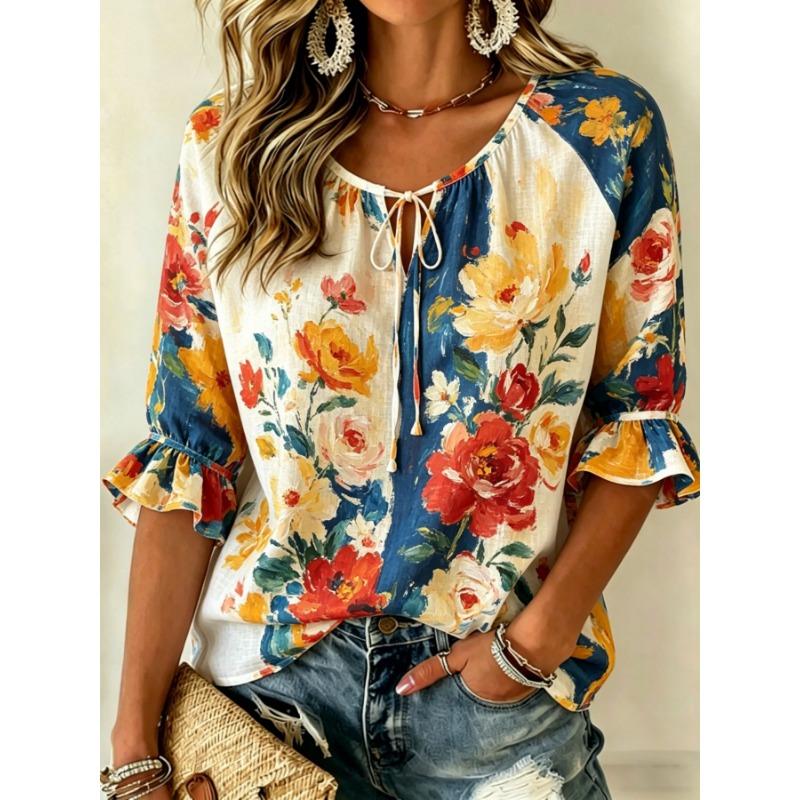 Women's White Multicolor Floral Print Tie Neck Blouse, Casual Loose Tops for Spring Summer Daily Wear Vacation Occasions