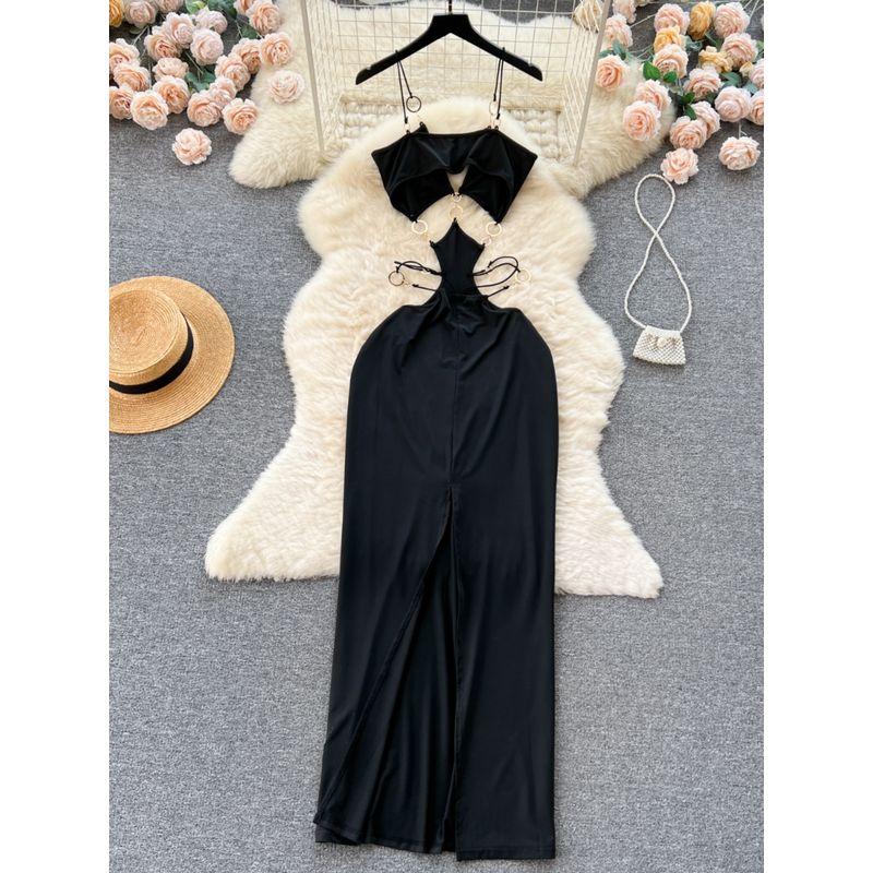 European and American Sexy Ring Low Cut Open Back Sling Dress