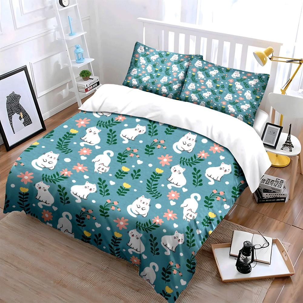 Cat-Themed Floral Gift Set Exquisite Three-Piece Bedding Set Gift For Kids And Adults