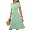 Women's Casual Fashion Round Neck Pleated Short Sleeve Solid Color A-Line Midi Dress