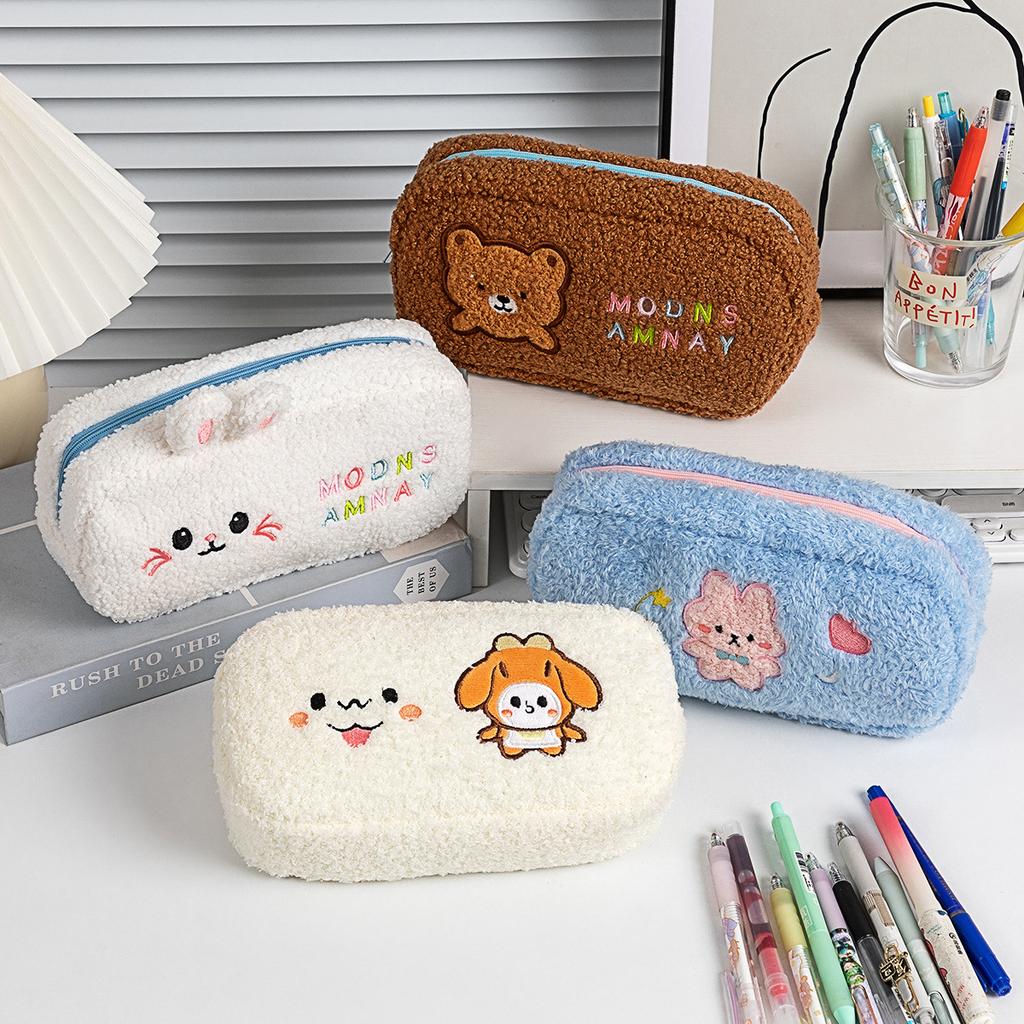 Cute Stationery Bag Desktop Storage Large Capacity Pencil Case Bear Rabbit Printed Pen Pouch for Student Girls Makeup Bags Gift