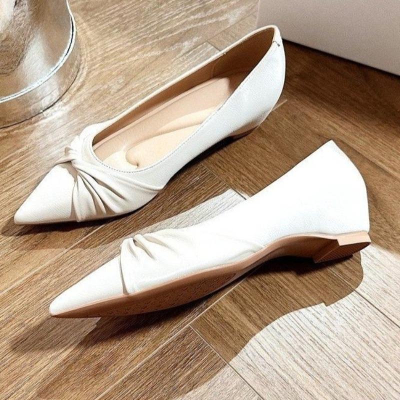 

Fashion Pleated Slip-on Anti-slip Wear-resistant Low-heeled Shoes Autumn New Pointed Toe Shallow Mouth Soft Sole Anti-slip Single Shoes 35 белый