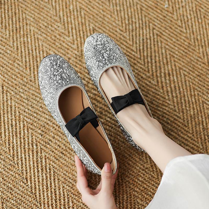 Krazing Pot crystal beading Fashion Spring Size 42 41 Low Heels Women round Toe Shoes Ballet Dance Shallow Flats