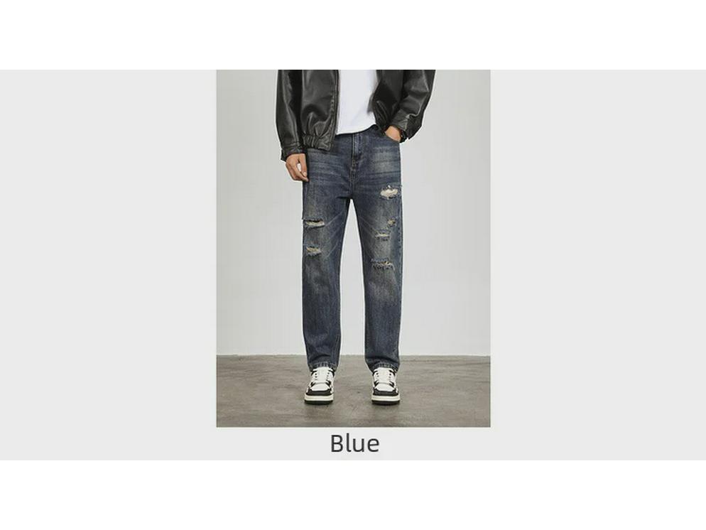 Jeans da uomo alla moda effetto used a nove punti: Casual, Strappato, Ampio, Vestibilità Affusolata per Primavera & Autunno