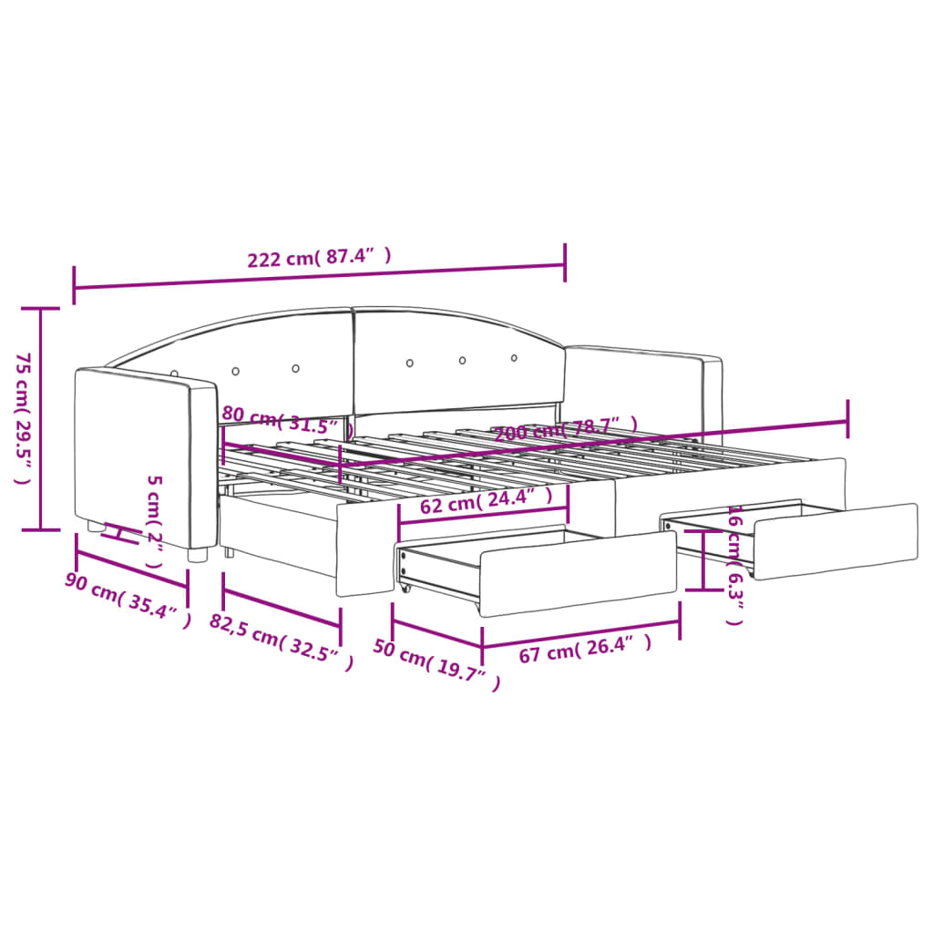 Extendable Daybed with Drawers Dark Grey 80x200 cm Velvet
