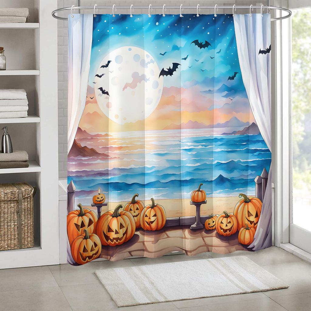 1pc Simulated Window Pumpkin Tree Halloween Bat Shower Curtain with Plastic Hooks, Decorated In Autumn and Winter Style
