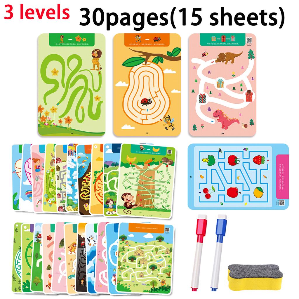15/32 Sheets Reusable Maze Cards for Kids 3 Beginner Level Kids Activity Busy Amazing Mazes Books with Pens Chidren Puzzles Fine