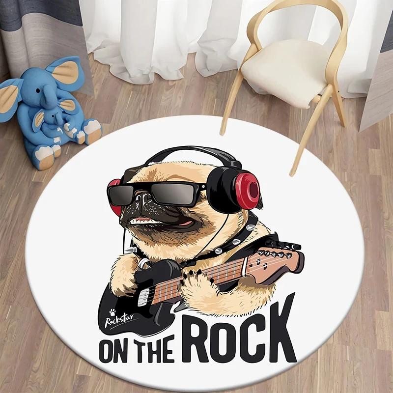 Cute Pug Dog Round Carpet Kawaii Pet Area Rug for Living Room Bedroom Decor Anti-Slip Floor Mat Circle Kitchen Entrance Doormat