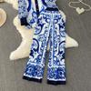 Spring Autumn Vintage Designer Print Runway Trouser 2 Piece Set Women Turn-down Collar Shirt And Elastic Waist Pocket Pant Suit