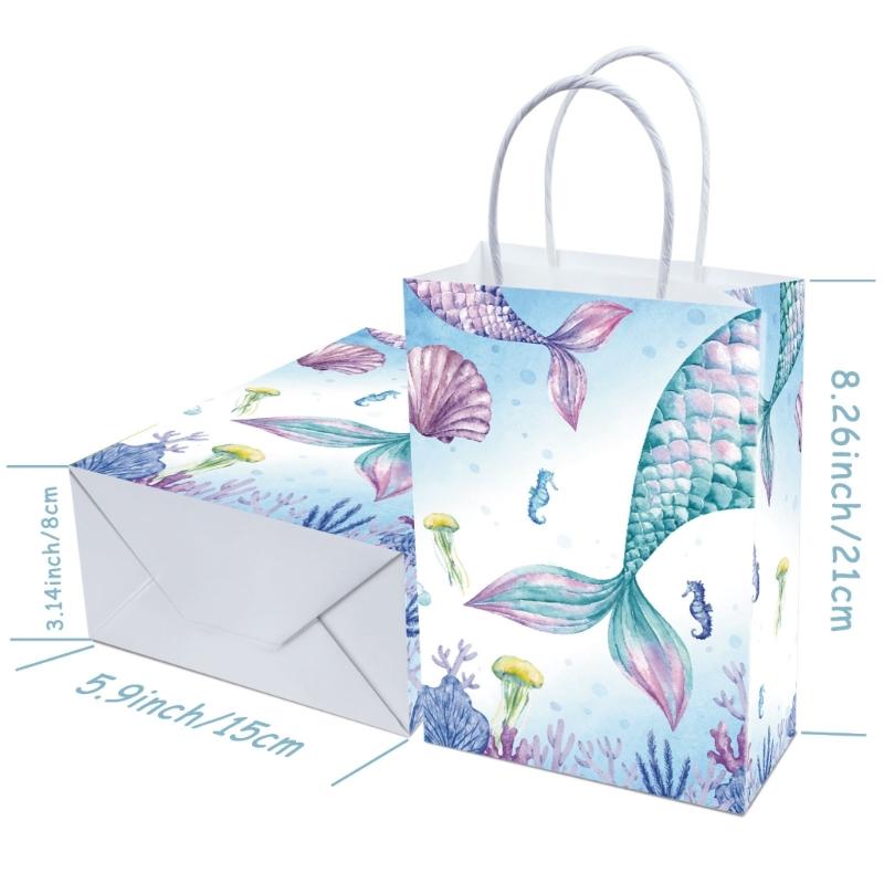 12pcs Mermaids Print Paper Bags Colorful Gift Bags for Ocean Themed Birthday Parties and Festives Event Party Supplies