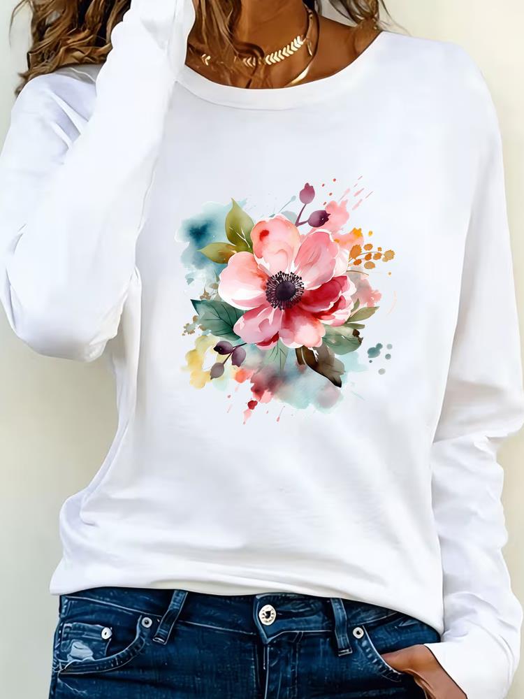 

(Asian Size) lovely watercolor trend cute Tee Lady Printed o-neck Long Sleeve T Shirt Women Female Clothing Casual Fashion Top Graphic T-shirts S