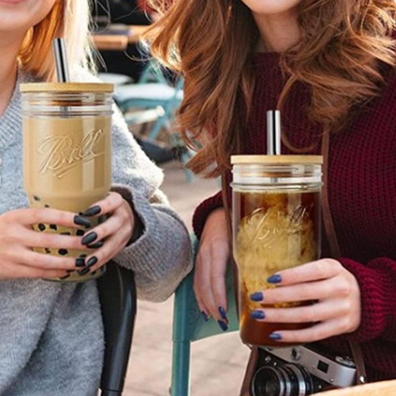 730ml Iced Coffee Glasse Cup with Bamboo Lid and Straw Reusable Boba Cup Smoothie Tumbler Glass Bubble Tea Cup