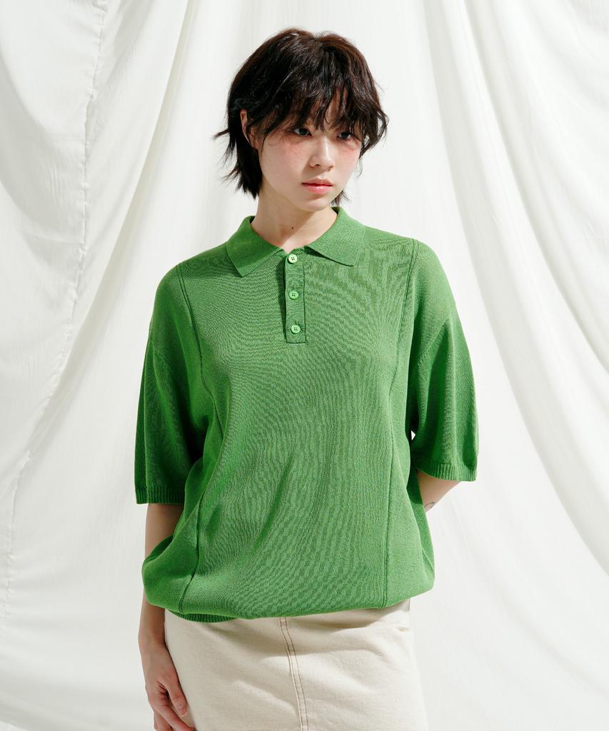 JEMUT Epic Like Linen Short Sleeve Collared Knit Green Sokn2562